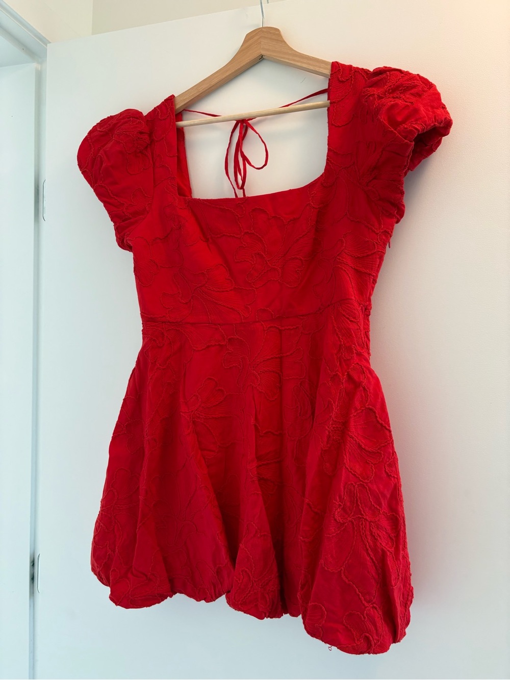 Red Puff-Sleeve Square-Neck Bubble Dress